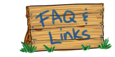 An unpainted wooden sign with tufts of grass in front of it. It reads 'FAQ & Links' in a blue paint-like text