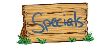An unpainted wooden sign with tufts of grass in front of it. It reads 'Specials' in a blue paint-like text