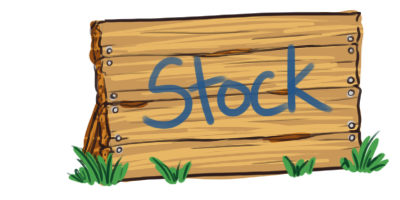 An unpainted wooden sign with tufts of grass in front of it. It reads 'Stock' in a blue paint-like text
